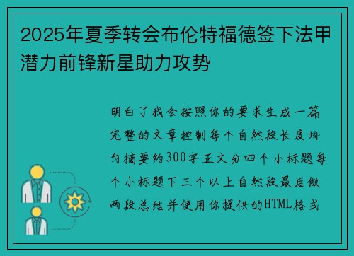 2025年夏季转会布伦特福德签下法甲潜力前锋新星助力攻势