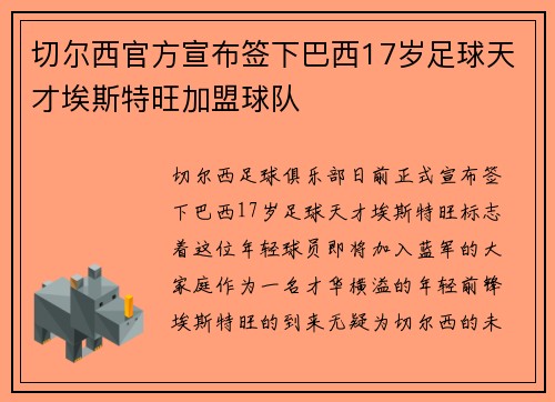 切尔西官方宣布签下巴西17岁足球天才埃斯特旺加盟球队